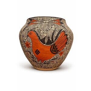 Acoma Pueblo Olla Thin Wall Pottery Signed EE NM 8.5" Rain Parrot Fine Line